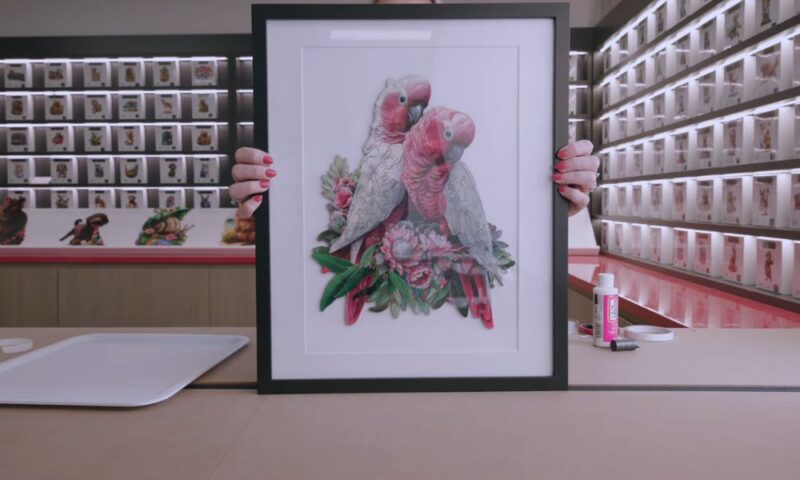 Black picture frame with white mat displaying a completed pink parrot jigsaw puzzle