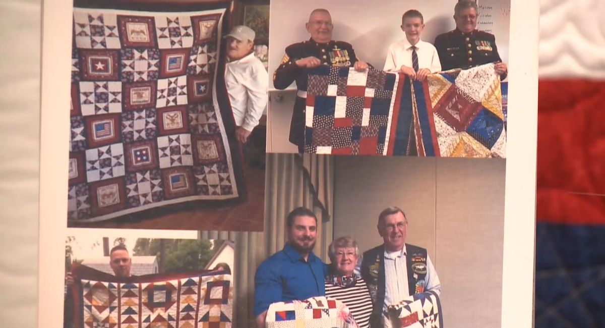 Photo collage of veterans, military service members, and volunteers displaying handmade patriotic quilts.