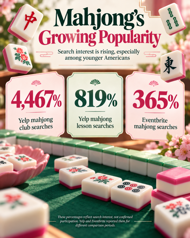 Infographic showing a 4,467% rise in Yelp mahjong club searches, 819% growth in lesson searches, and 365% increase in Eventbrite searches, decorated with mahjong tiles.
