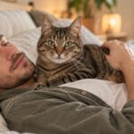 Young millennial man relaxing on a bed with his tabby cat resting on his chest