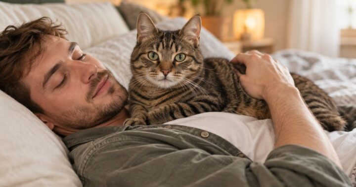Young millennial man relaxing on a bed with his tabby cat resting on his chest