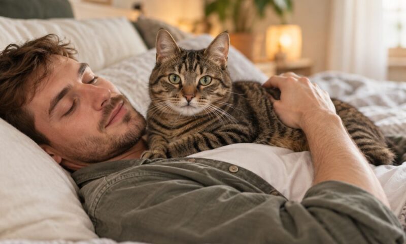Young millennial man relaxing on a bed with his tabby cat resting on his chest