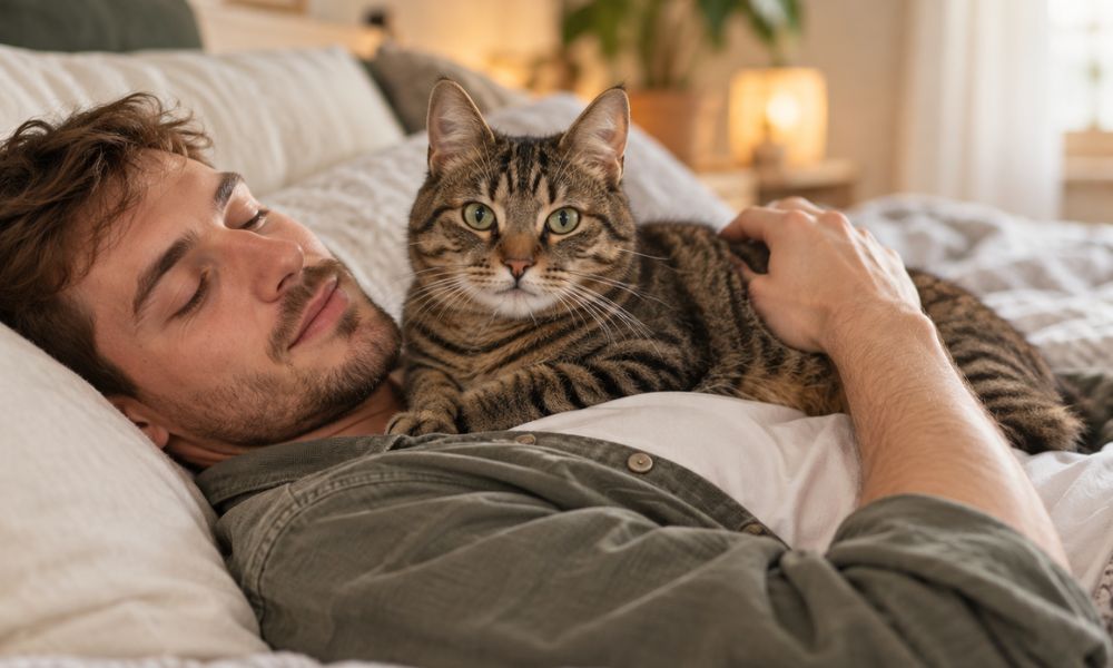 Young millennial man relaxing on a bed with his tabby cat resting on his chest