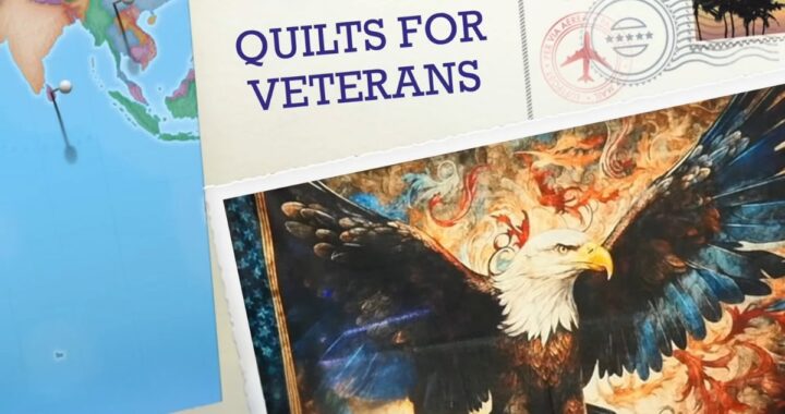 Quilts for Veterans title displayed above a patriotic bald eagle quilt design.