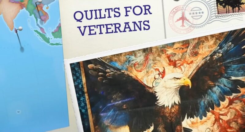 Quilts for Veterans title displayed above a patriotic bald eagle quilt design.