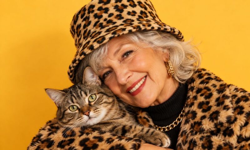 Stylish older woman wearing leopard print clothing and affectionately holding her tabby cat.