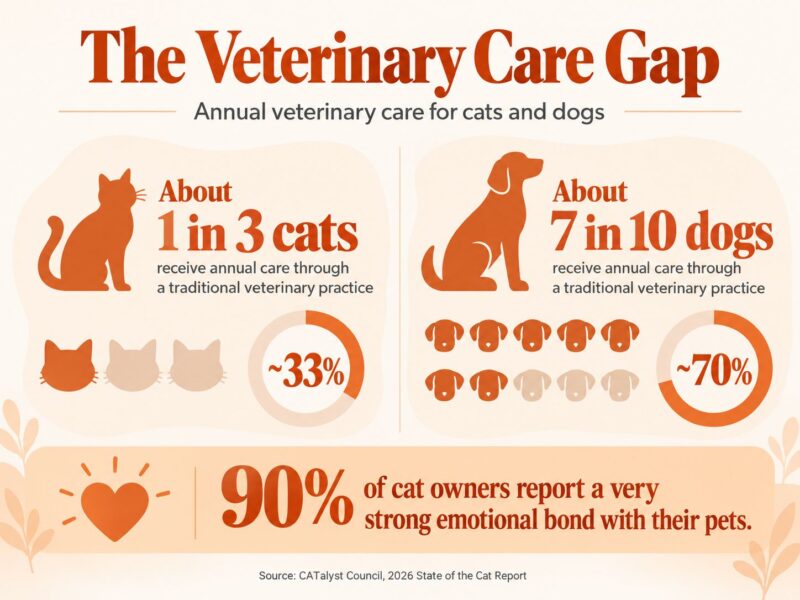 Infographic comparing annual veterinary care rates for cats and dogs, showing approximately 33% of cats and 70% of dogs receive yearly veterinary care.