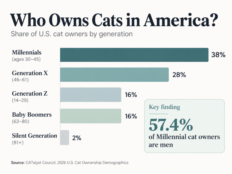 Infographic showing U.S. cat ownership by generation, with Millennials leading at 38% and men accounting for 57.4% of Millennial cat owners.